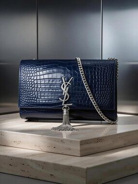 Saint Laurent Navy Croc-Embossed Tassel Chain Crossbody Bag